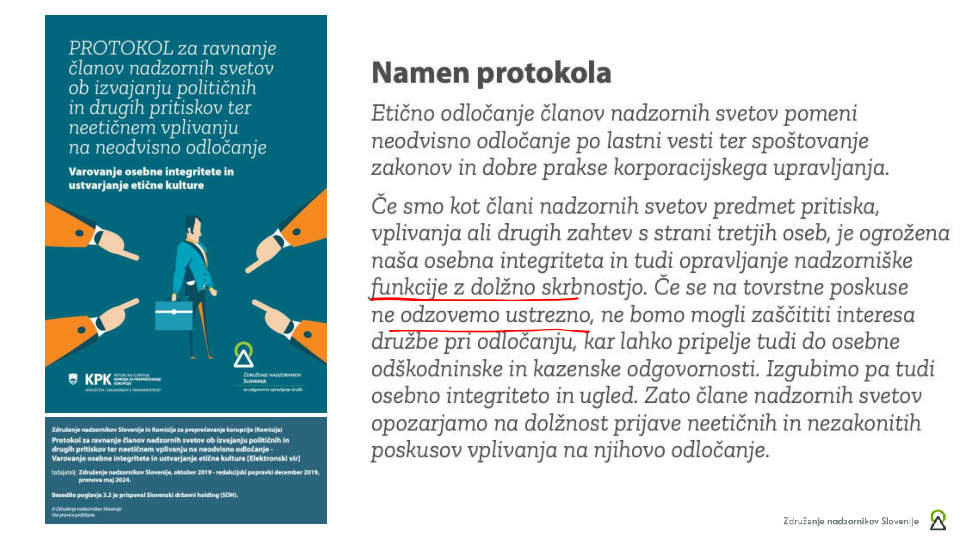 Protokol za ravnanje članov nadzornih svetov ob izvajanju političnih in drugih pritiskov ter neetičnem vplivanju na neodvisno odločanje